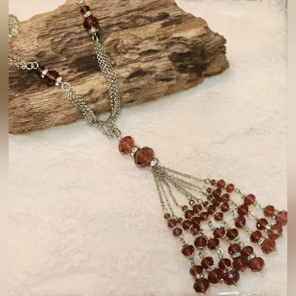 Boho Silver Toned Multi-Chain Long, Plum Glass Beaded, Tassel Y Necklace